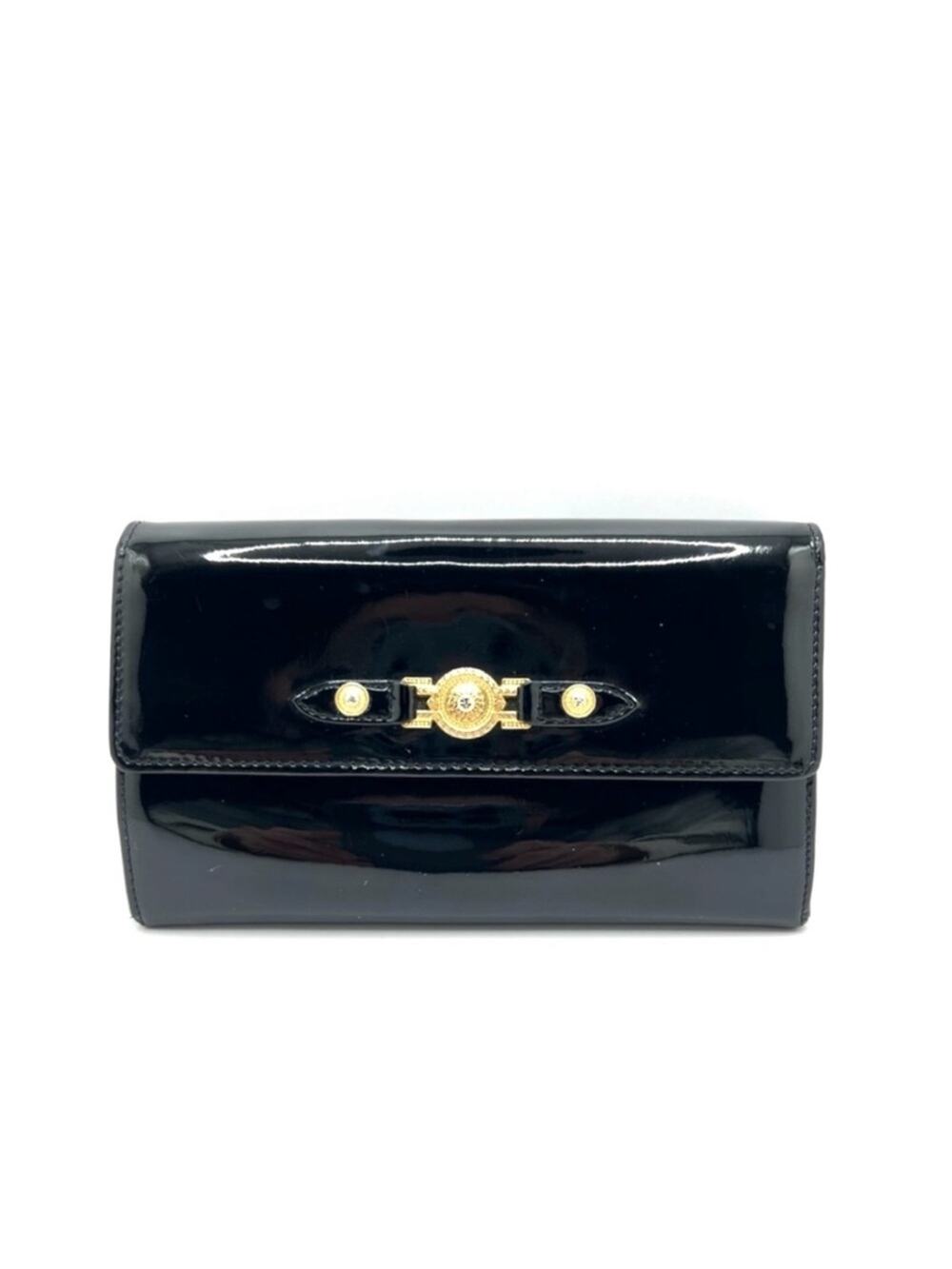 Authentic Vintage VERSACE Sunburst Black Patent Leather Long Bifold Wallet